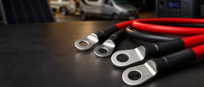 Konfektionierte Batteriekabel vor Wohnmobil, Solarmodul und Powerstation