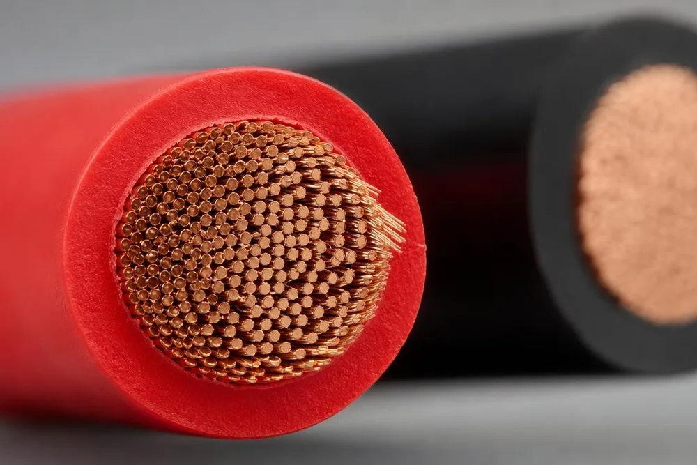 Sauber geschnittenes Ende eines roten Batteriekabels mit vielen feinen Kupferdrähten, dahinter unscharf ein schwarzes Kabel