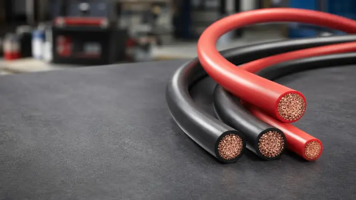 Rote und schwarze Batteriekabel im Anschnitt, die feindrähtige Kupferlitze ist zu sehen