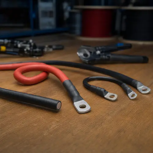 Konfektionierte Batteriekabel mit Ringkabelschuhen auf einer Holzwerkbank