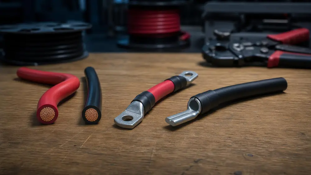 Auf einer Holzplatte zwei offene Kabelenden in Rot und Schwarz, ein rotes Kabel mit Rohrkabelschuh an beiden Enden und ein schwarzes Kabel mit einem Kabelschuh ohne Bohrung, dahinter Kabelrollen und eine Zange