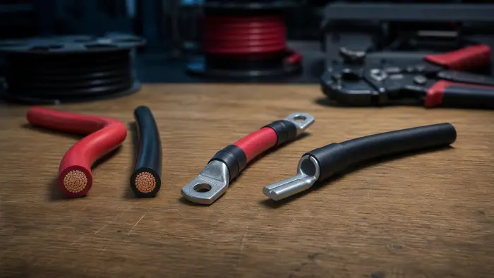 Zwei Batteriekabel im Anschnitt mit sichtbarer Kupferlitze, daneben Ring- und Stiftkabelschuh