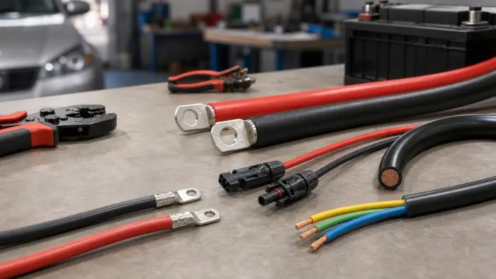 Fahrzeugleitung in mehreren Farben neben Batteriekabeln und Kabelschuhen auf einer Werkbank