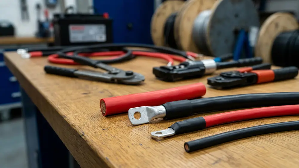Rote und schwarze Batteriekabel mit Rohrkabelschuhen auf einer Werkbank, daneben Presszangen und eine Batterie