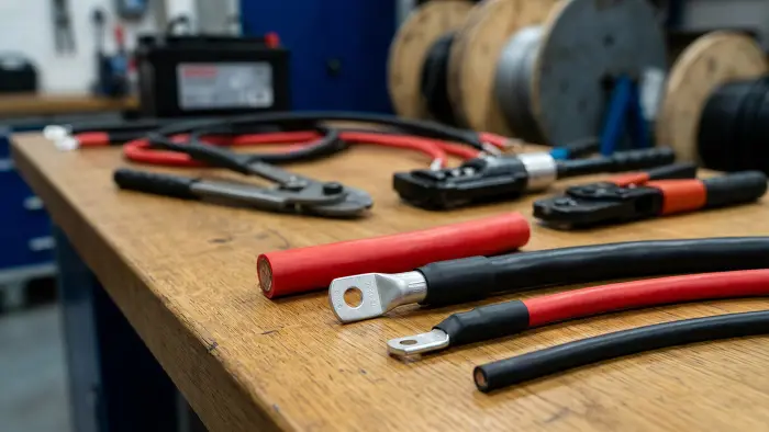 Gepresste Ringkabelschuhe an Batteriekabeln, daneben eine Presszange