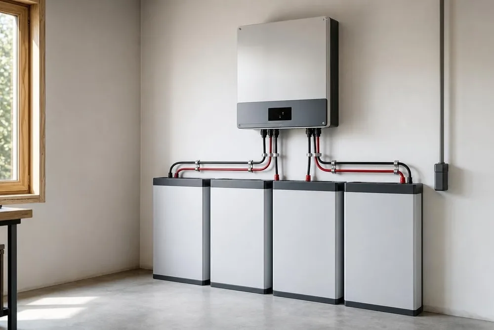 Technikraum mit vier Batteriemodulen an der Wand und einem Wechselrichter darüber, verbunden mit roten und schwarzen Kabeln in Schellen