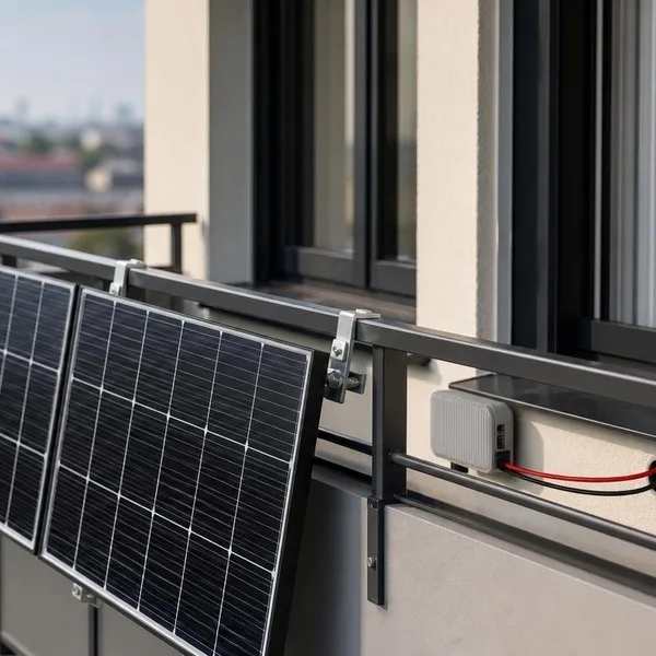 Zwei Solarmodule an einem Balkongeländer, dahinter ein kleiner Wechselrichter, ein rotes und ein schwarzes Kabel führen durch eine Wanddurchführung