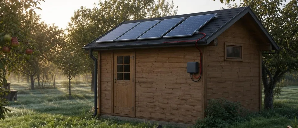 Holzgartenhaus mit vier Solarmodulen auf dem Dach, ein rotes Kabel läuft an der Dachkante entlang zu einem Kasten an der Wand