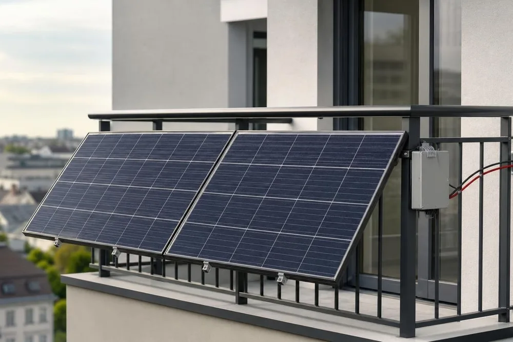 Zwei Solarmodule an einem Balkongeländer, rechts daneben ein graues Gerät am Geländer, von dem eine rote und eine schwarze Leitung abgehen