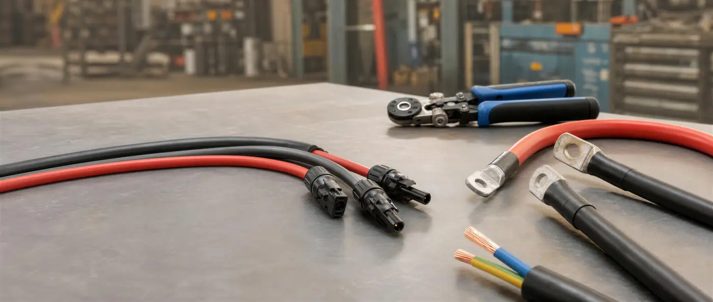 MC4-Stecker und -Buchsen an rotem und schwarzem Solarkabel auf der Werkbank, daneben Batteriekabel mit Rohrkabelschuhen, eine dreiadrige Leitung und eine Crimpzange