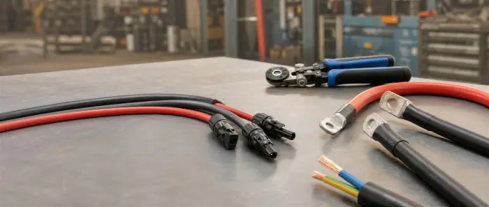 Solarkabel mit MC4-Steckern auf einer Werkbank, daneben Batteriekabel mit Ringkabelschuhen